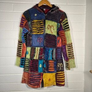 Nepal Hoodie Jacket Dress Medium Multicolor Cotton Hippie Festival Patchwork Art